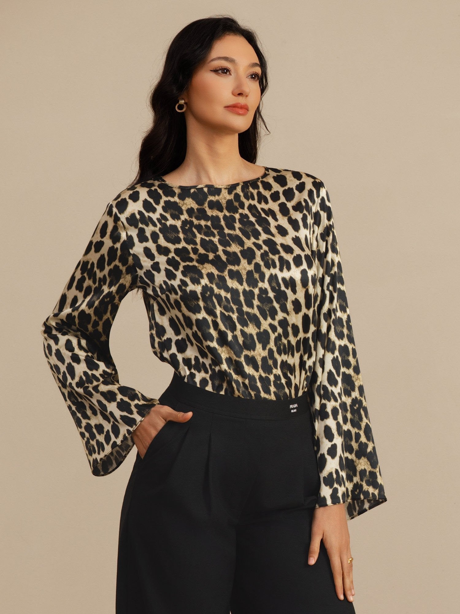 [Leopard] SilkSilky-NL 19Momme Lange Mouw Boat Hals Blouse 001