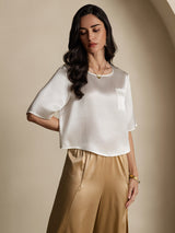 [Wit] SilkSilky-NL Halve Mouw Diepe Ronde Hals Dames T-Shirt 006