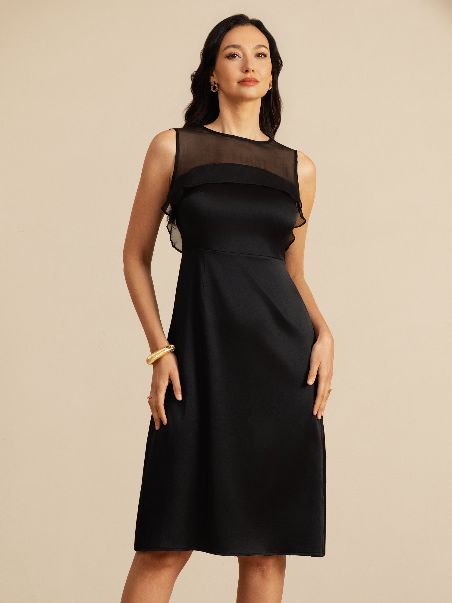 [Zwart] SilkSilky-NL 19Momme Sleeveless Illusion Neck Jurk 004