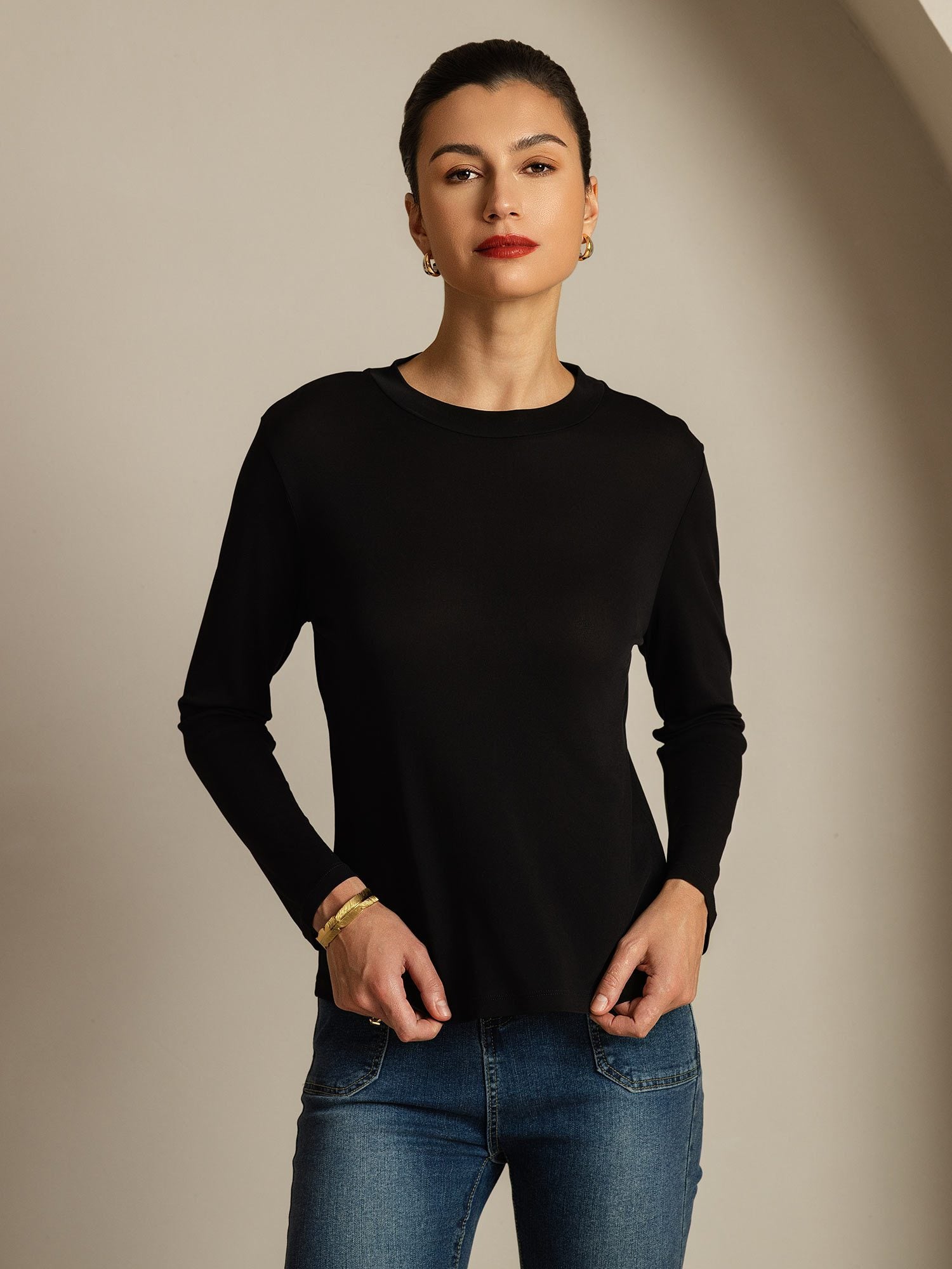 [Zwart] SilkSilky-NL Zijde Ronde Hals Dames T-Shirt 007