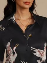 [Zwart] SilkSilky-NL Long Sleeve Lapel Collar Dames Blouse 007