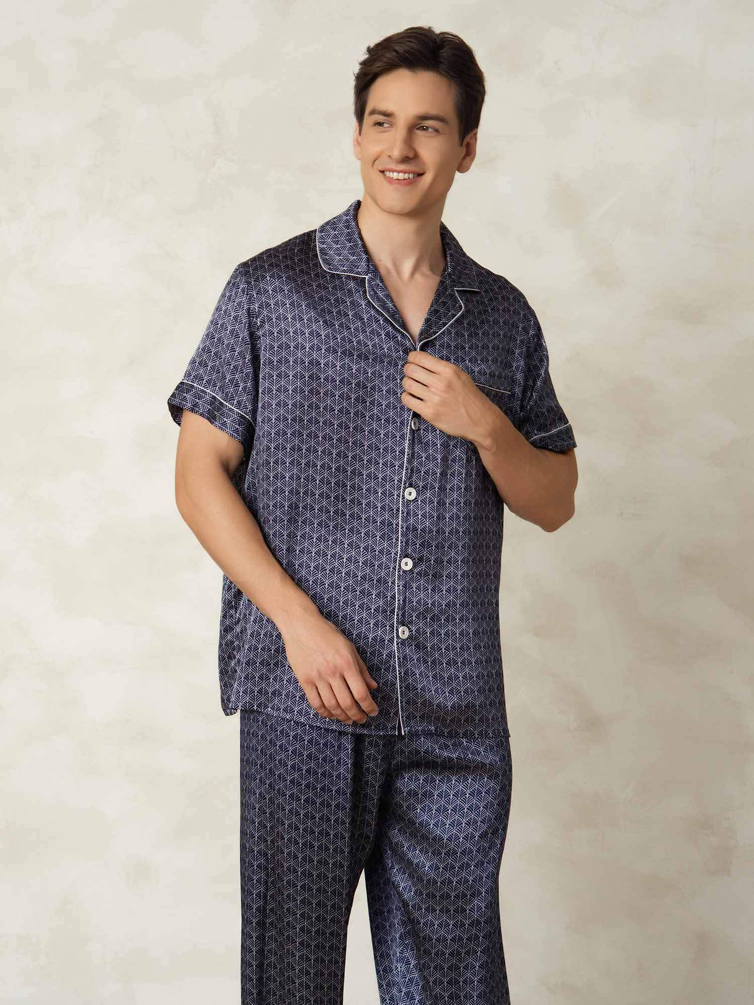 [MarineGinkgo] SilkSilky-NL Zijde Kraag Heren Pyjama Set 003