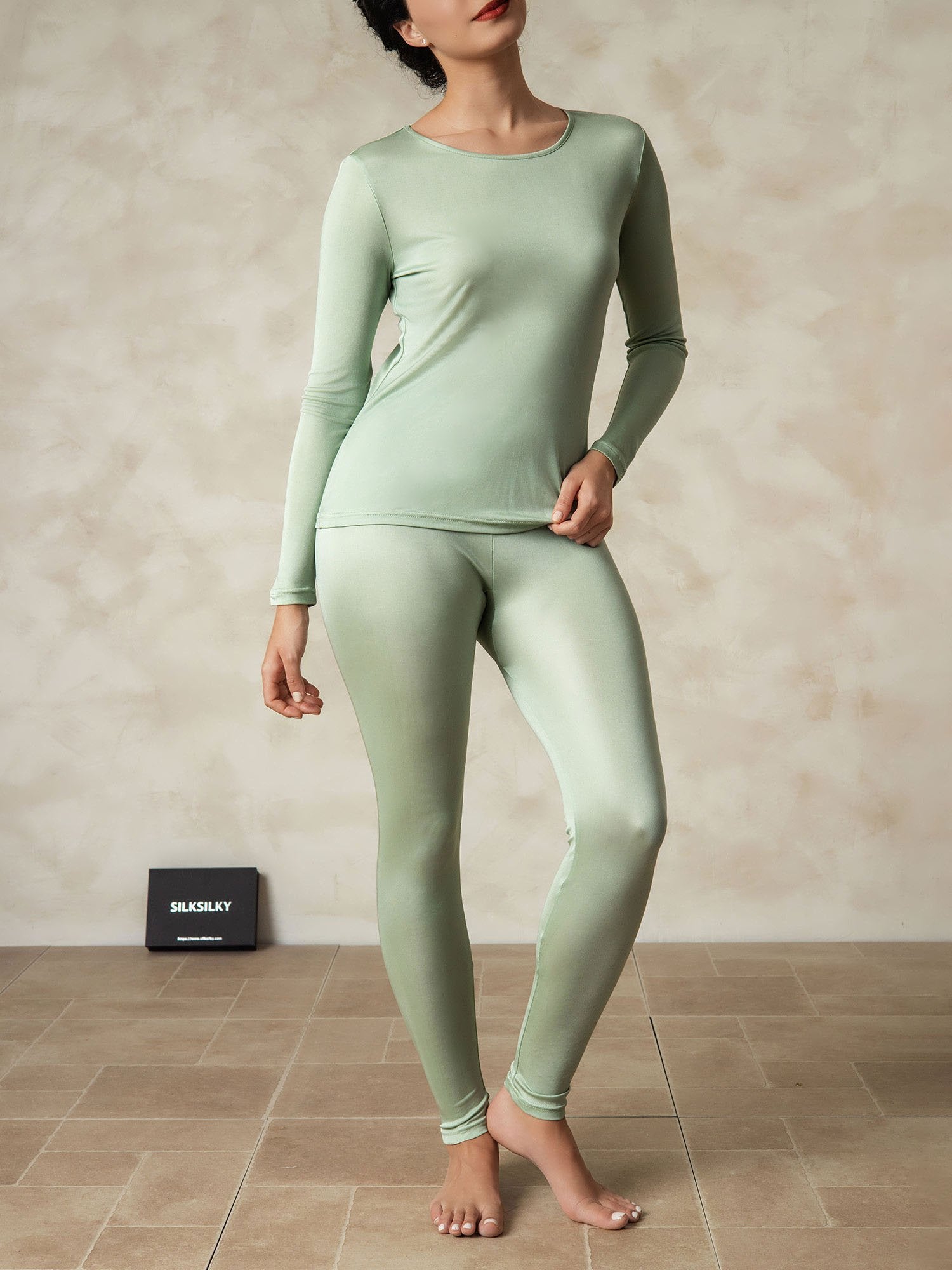 [Groen] SilkSilky-NL Zijde Ronde Hals Dames Pyjama Set 001