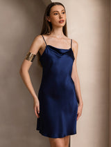 [Donkerblauw] SilkSilky-NL Spaghetti Strap Cowl Neck Jurk 006