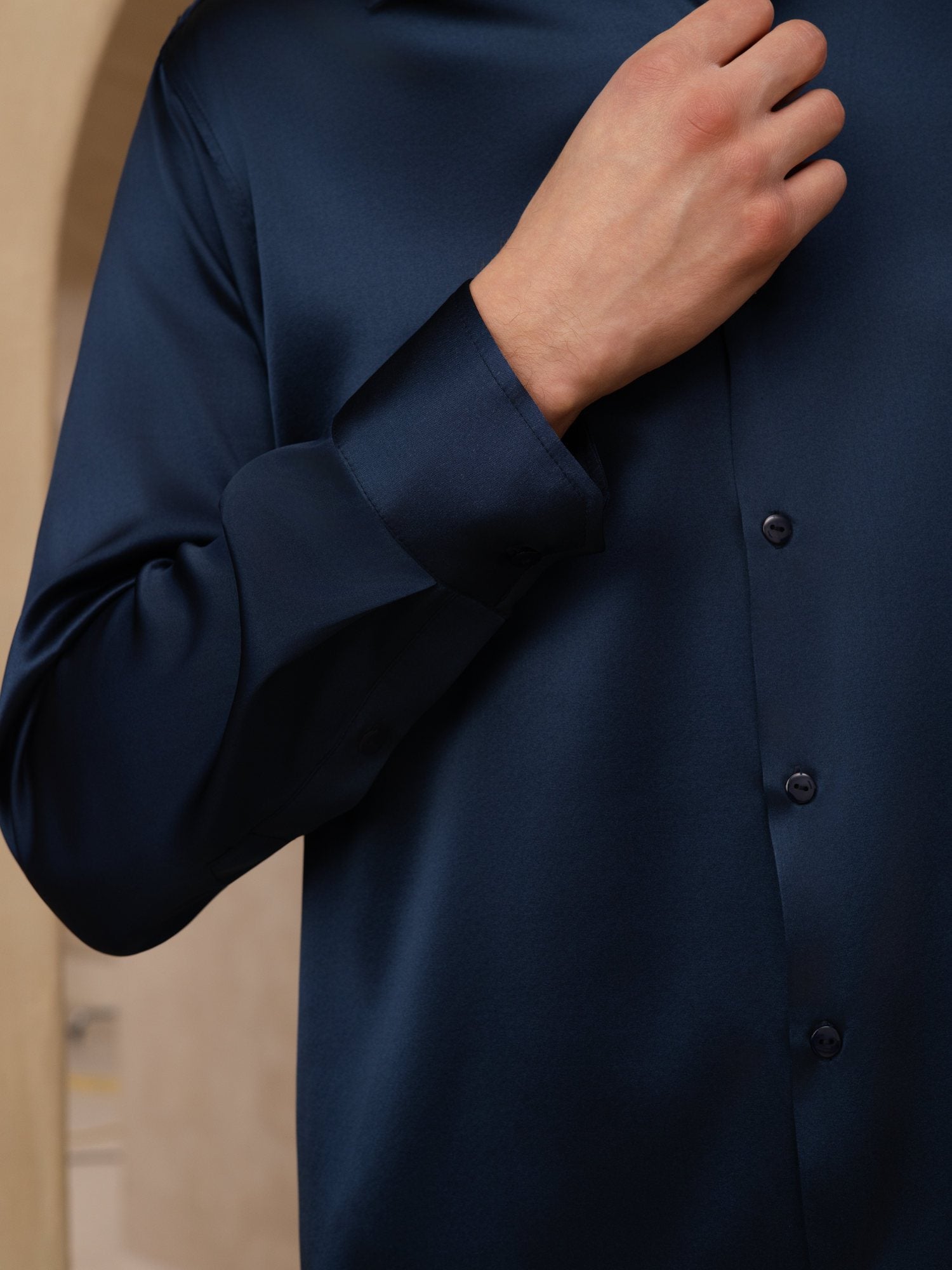 [Donkerblauw] SilkSilky-NL 19Momme Lange Mouw Reverskraag Heren Shirt 006