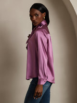 [Donkerpaars] SilkSilky-NL Long Sleeve Tie Neck Blouse 004