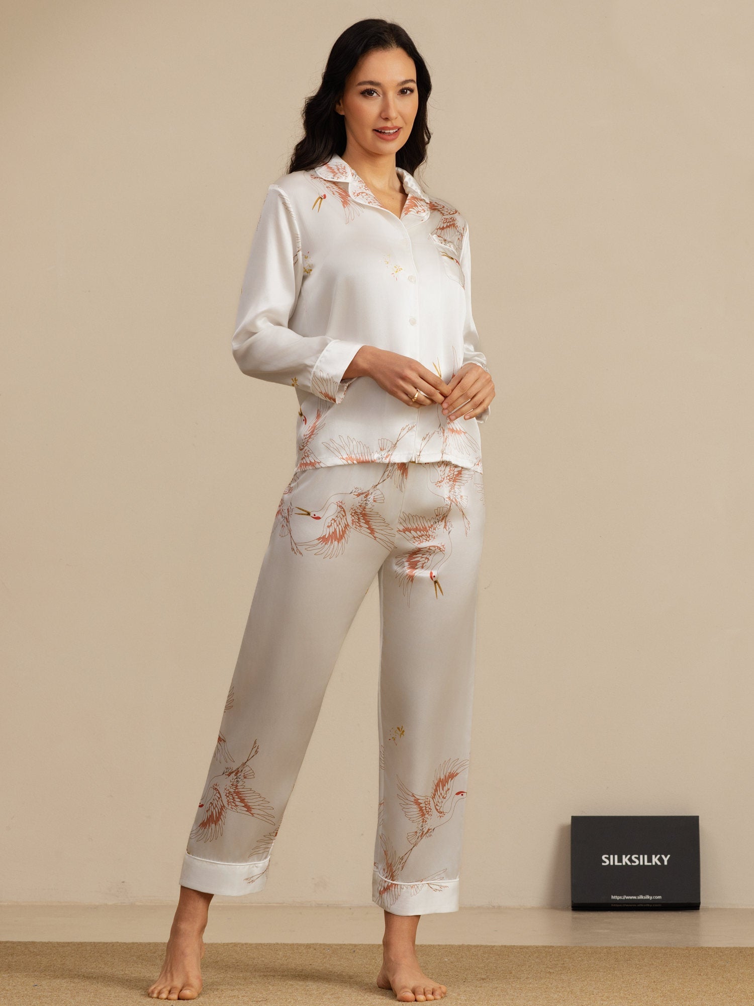 [Wit] SilkSilky-NL 19Momme Lange Mouw Notchkraag Dames Pyjama Set 006
