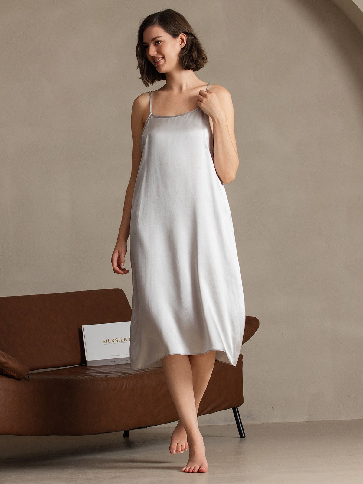 [Lichtgrijs] SilkSilky-NL 19Momme Zijde Mouwloos Dress 006