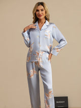 [Lichtblauw] SilkSilky-NL Long Sleeve Lapel Collar Dames Pyjama Set 006