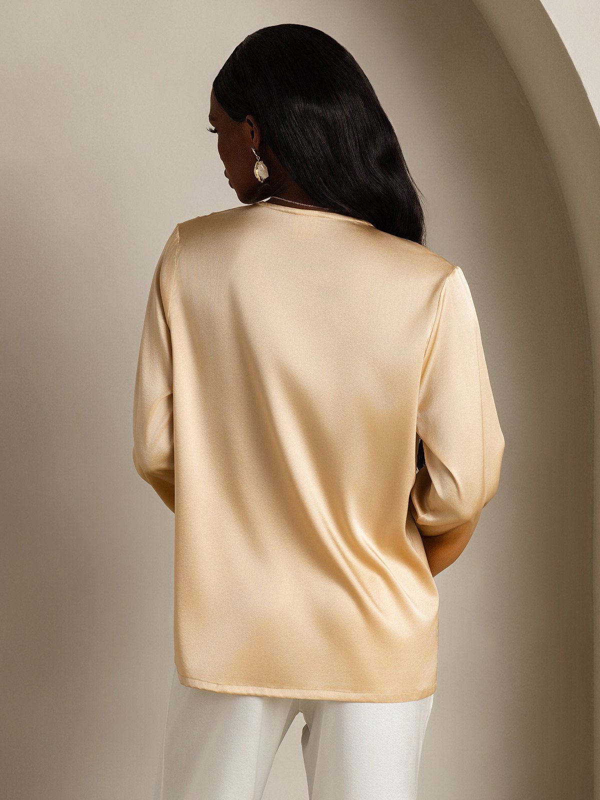 [Champagne] SilkSilky-NL 19Momme Zijde V-Hals Dames Blouse 002
