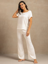 [Wit] SilkSilky-NL 19Momme Korte Mouw Dames Pyjama Set 006