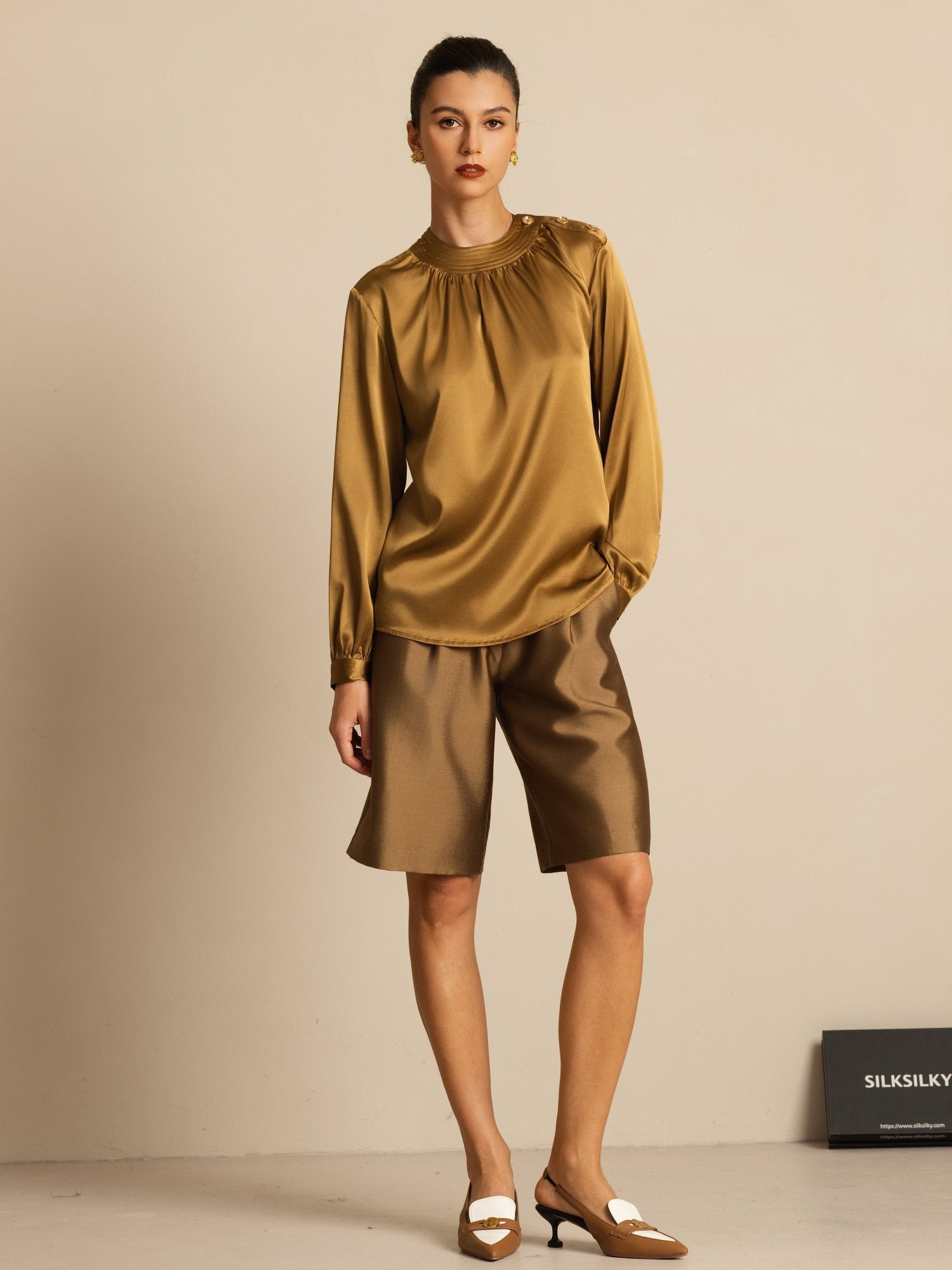 [Brons] SilkSilky-NL 19Momme Lange Mouw Ronde Hals Blouse 006