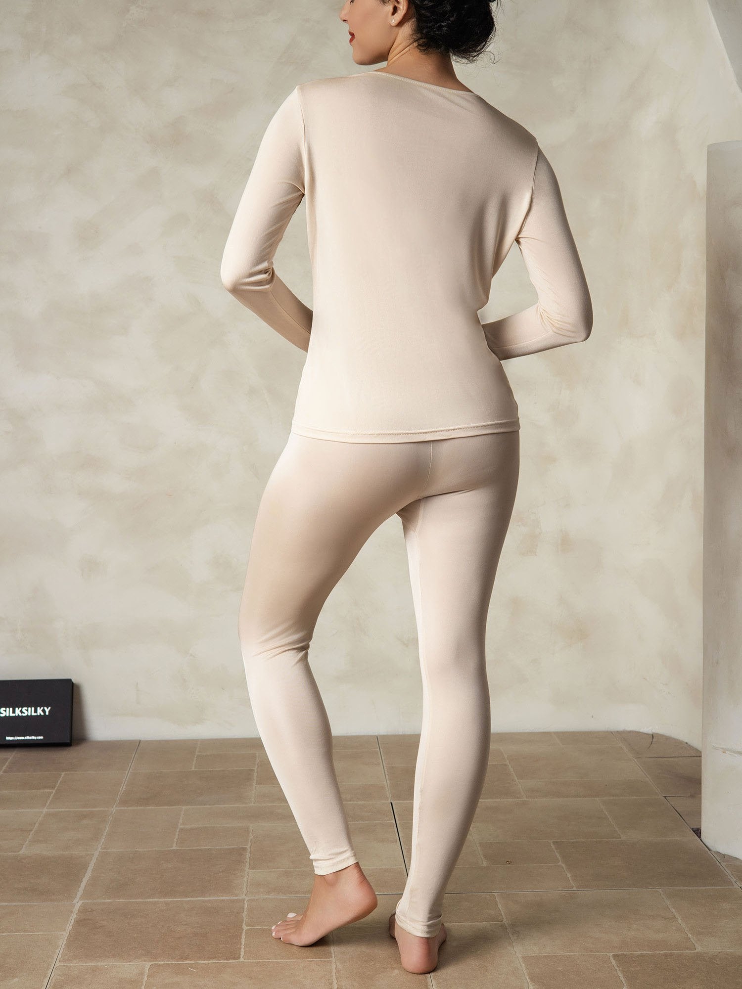 [Tan] SilkSilky-NL Zijde Ronde Hals Dames Pyjama Set 002