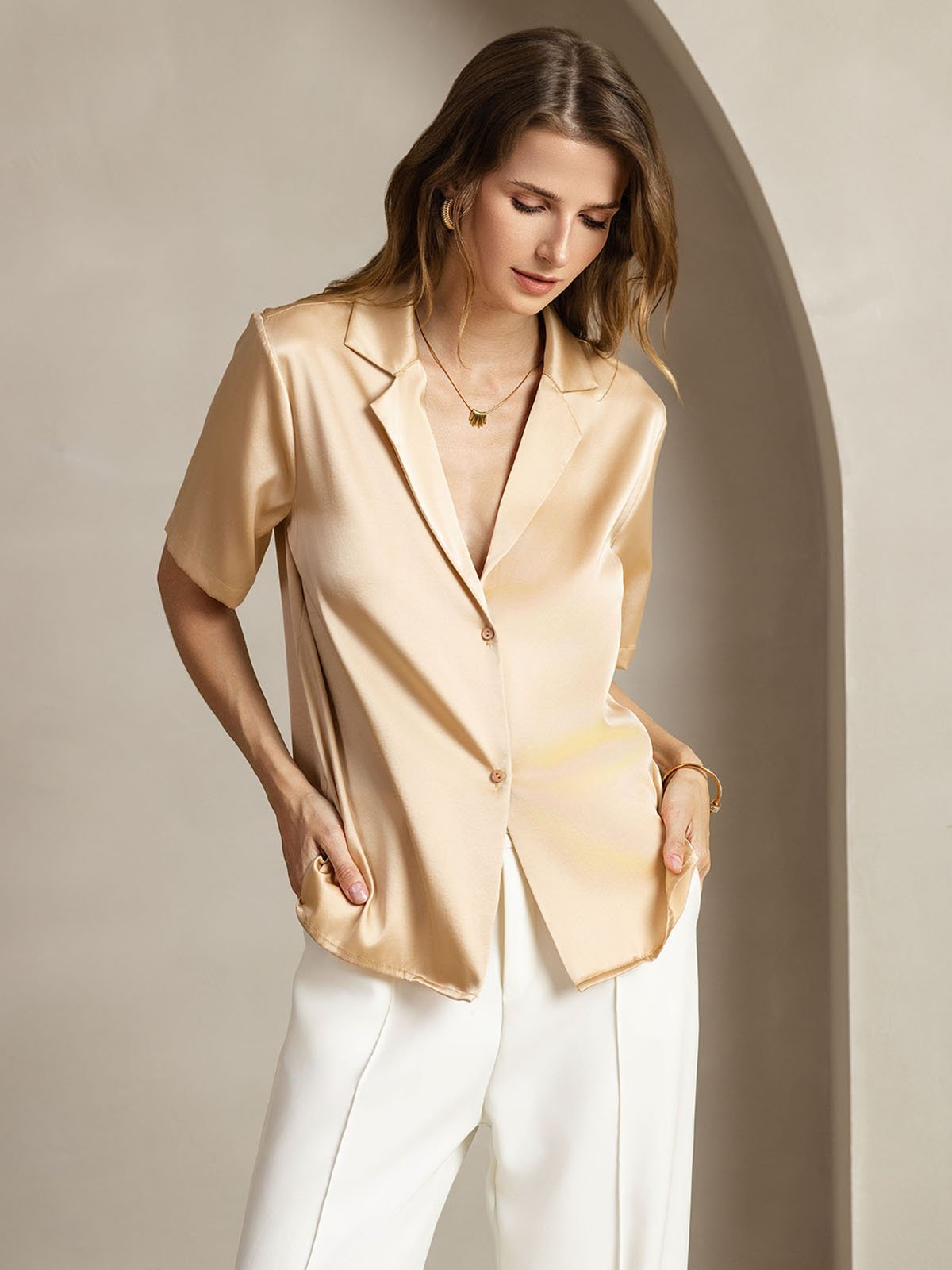 [Champagne] SilkSilky-NL 19Momme Zijde Inkeping Dames Blouse 001
