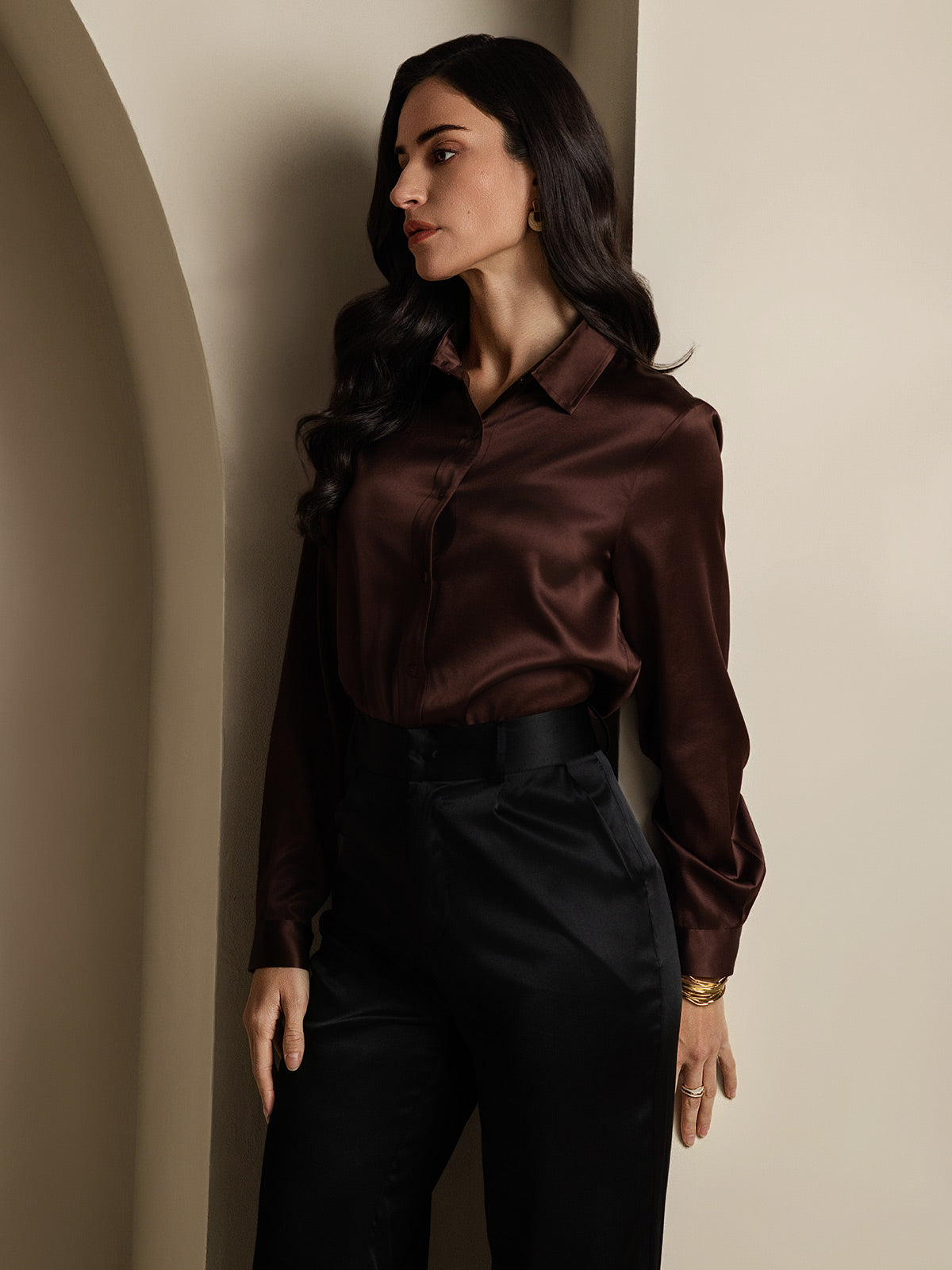 SilkSilky-NL 19Momme Zijde Lange Mouw Kraag Dames Blouse Koffie 009