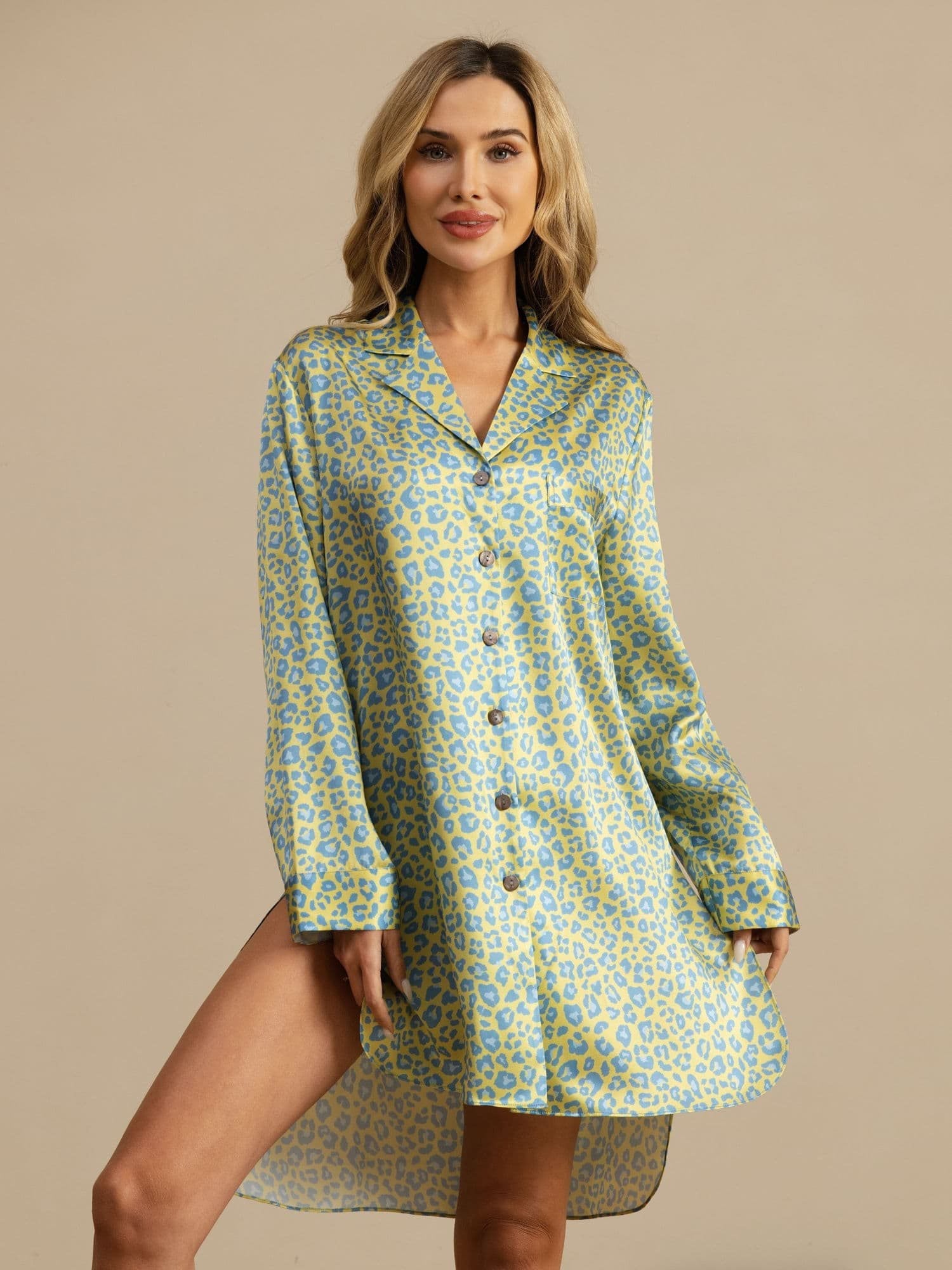 [Groene Luipaard] SilkSilky-NL 19Momme Lange Mouw Slaap Hemd 003