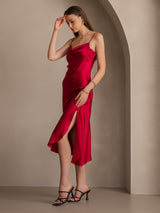 [Wijn] SilkSilky-NL Spaghetti Bandjes Waterval Hals Jurk 007