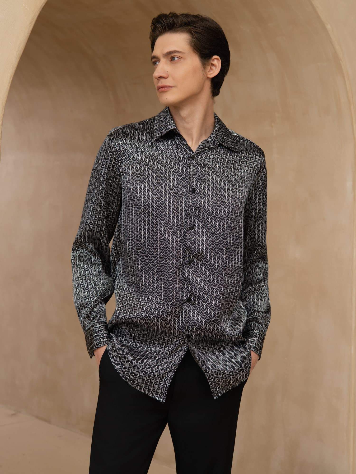 [Zwarte Ginkgo] SilkSilky-NL Lange Mouw Reverskraag Heren Shirt 003