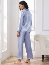 [Staal Blauw] SilkSilky-NL Long Sleeve Lapel Collar Dames Pyjama Set 002