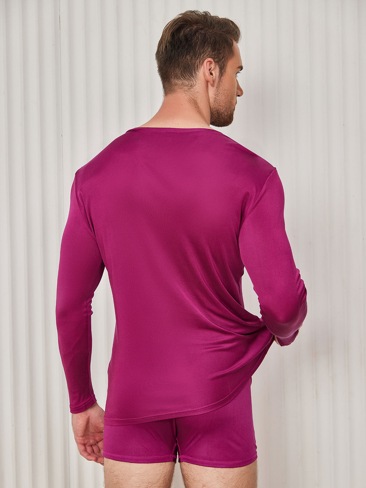 [Donkerrood] SilkSilky-NL Zijde Gebreid Lange Mouw V-Hals Heren T-Shirt 002