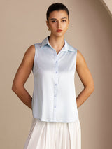 [Lichtblauw] SilkSilky-NL Sleeveless Lapel Collar Dames Blouse 003