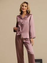 [Bleek Mauve] SilkSilky-NL Long Sleeve Lapel Collar Dames Pyjama Set 003