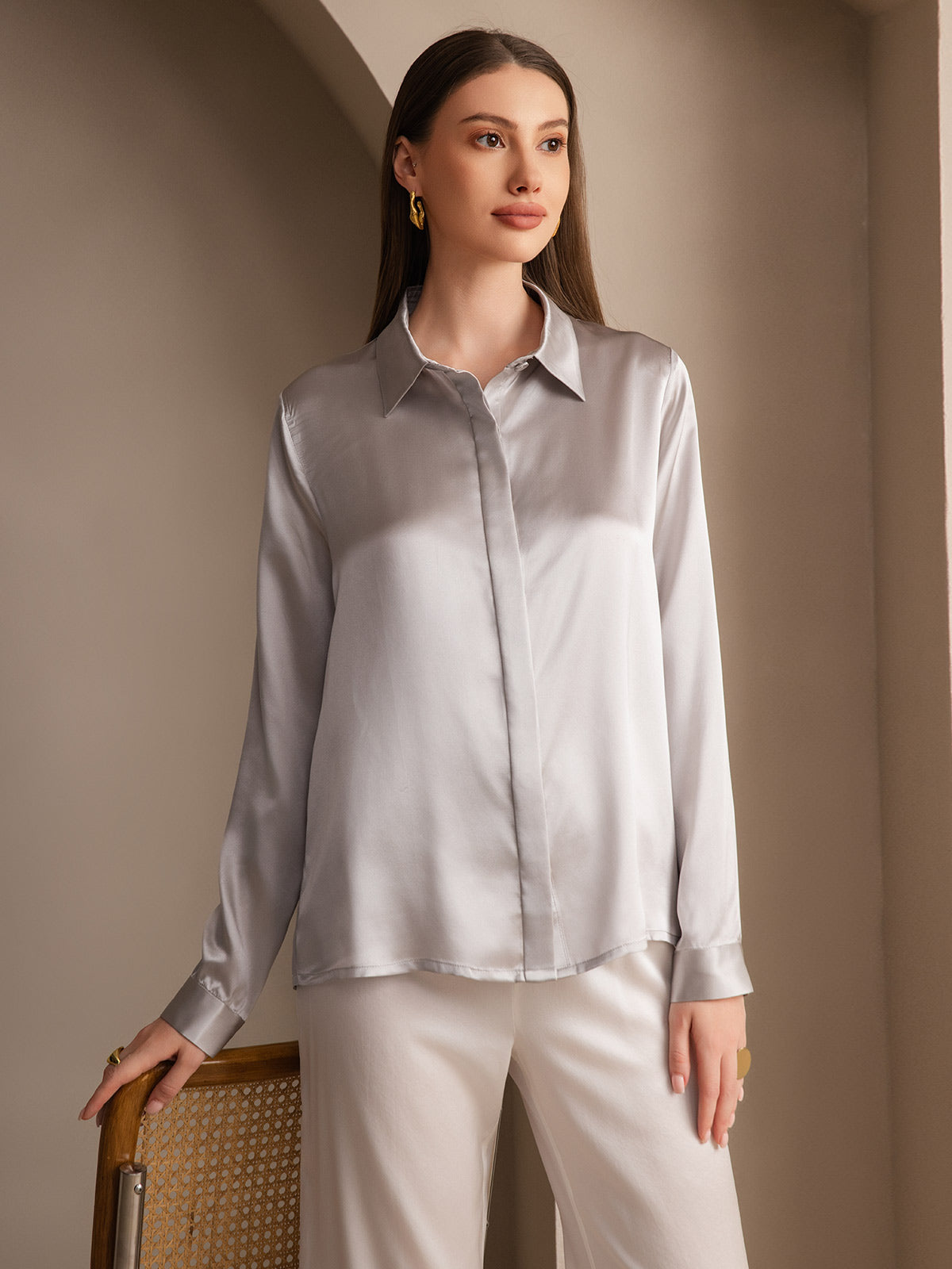 [Lichtgrijs] SilkSilky-NL 19Momme Zijde Lapel Collar Dames Blouse 001
