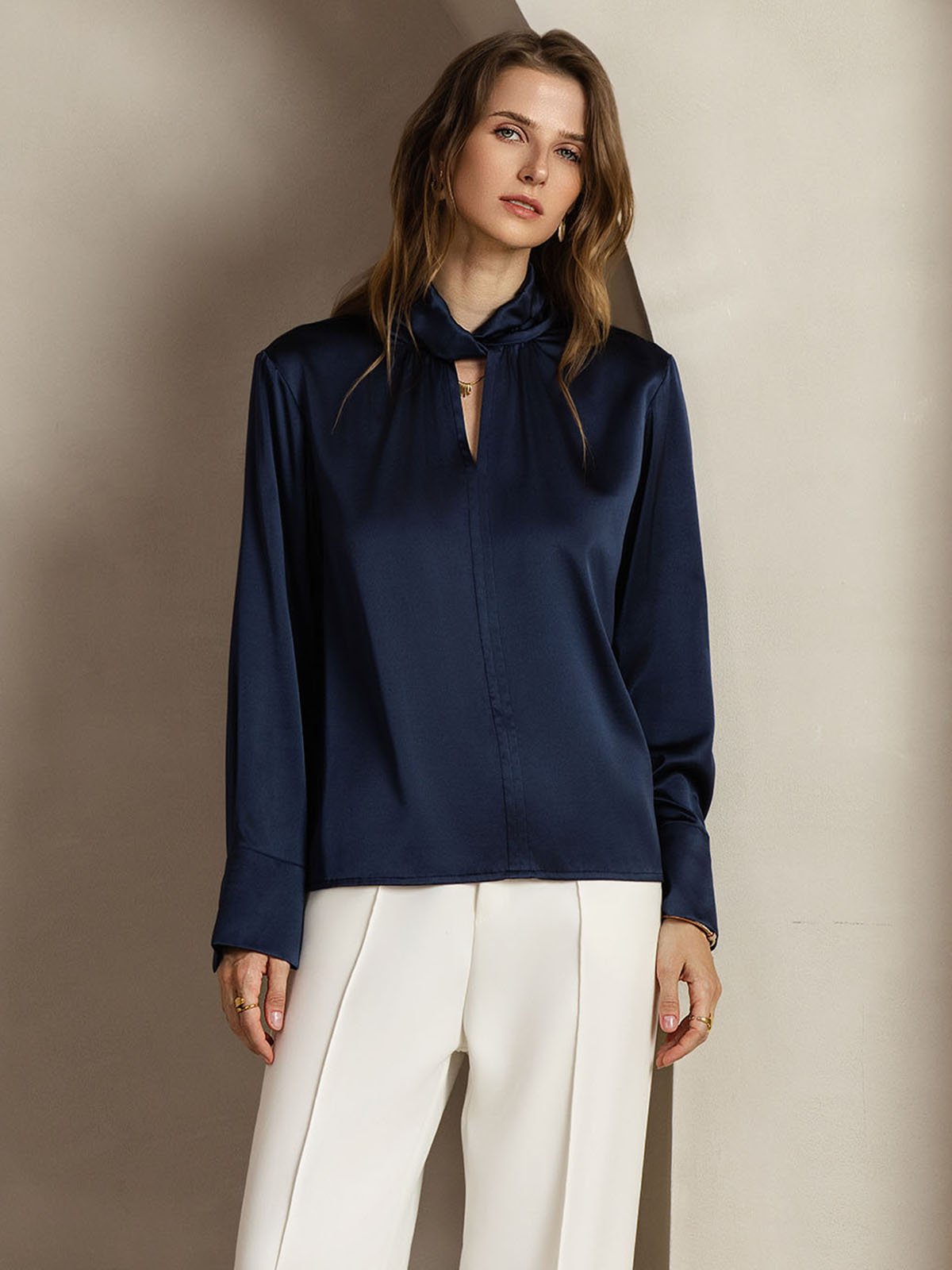 [Donkerblauw] SilkSilky-NL 19Momme Zijde Womens Shirt 005