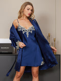 SilkSilky NL 3/4 Mouw Nightgown&Robe Set Donkerblauw 004