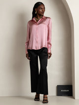 [Roze Streep] SilkSilky-NL Long Sleeve Lapel Collar Dames Blouse 008