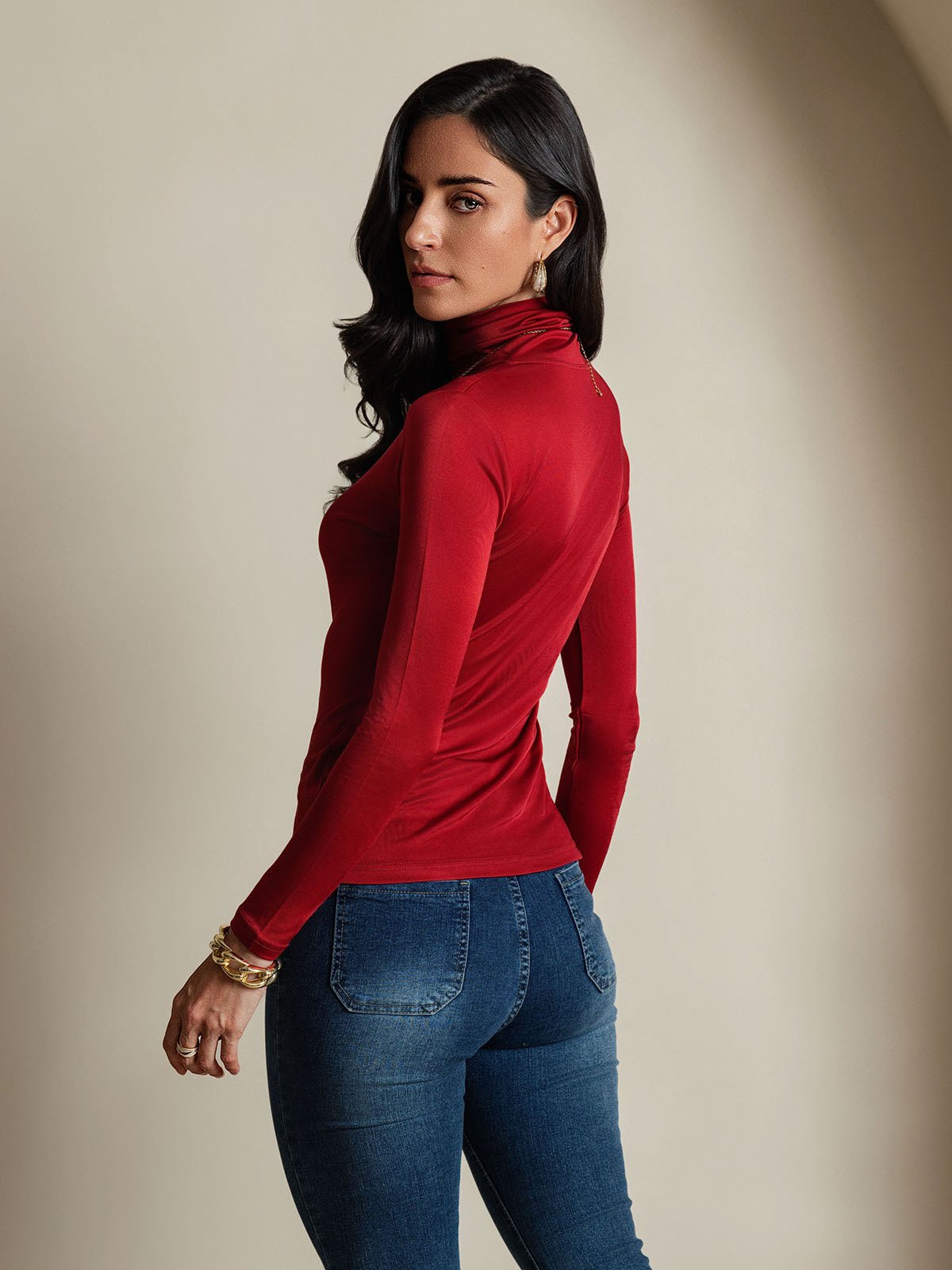 [Wijn] SilkSilky-NL Lange Mouw Coltrui Hals Dames T-Shirt 002