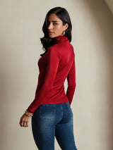 [Wijn] SilkSilky-NL Lange Mouw Coltrui Hals Dames T-Shirt 002