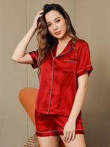 [Wijn] SilkSilky-NL Korte Mouw Notchkraag Dames Pyjama Set 003