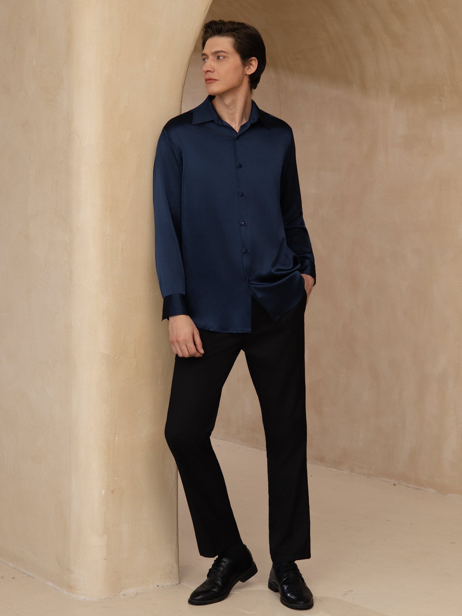 [Donkerblauw] SilkSilky-NL 19Momme Lange Mouw Reverskraag Heren Shirt 008