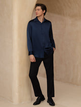 [Donkerblauw] SilkSilky-NL 19Momme Lange Mouw Reverskraag Heren Shirt 008