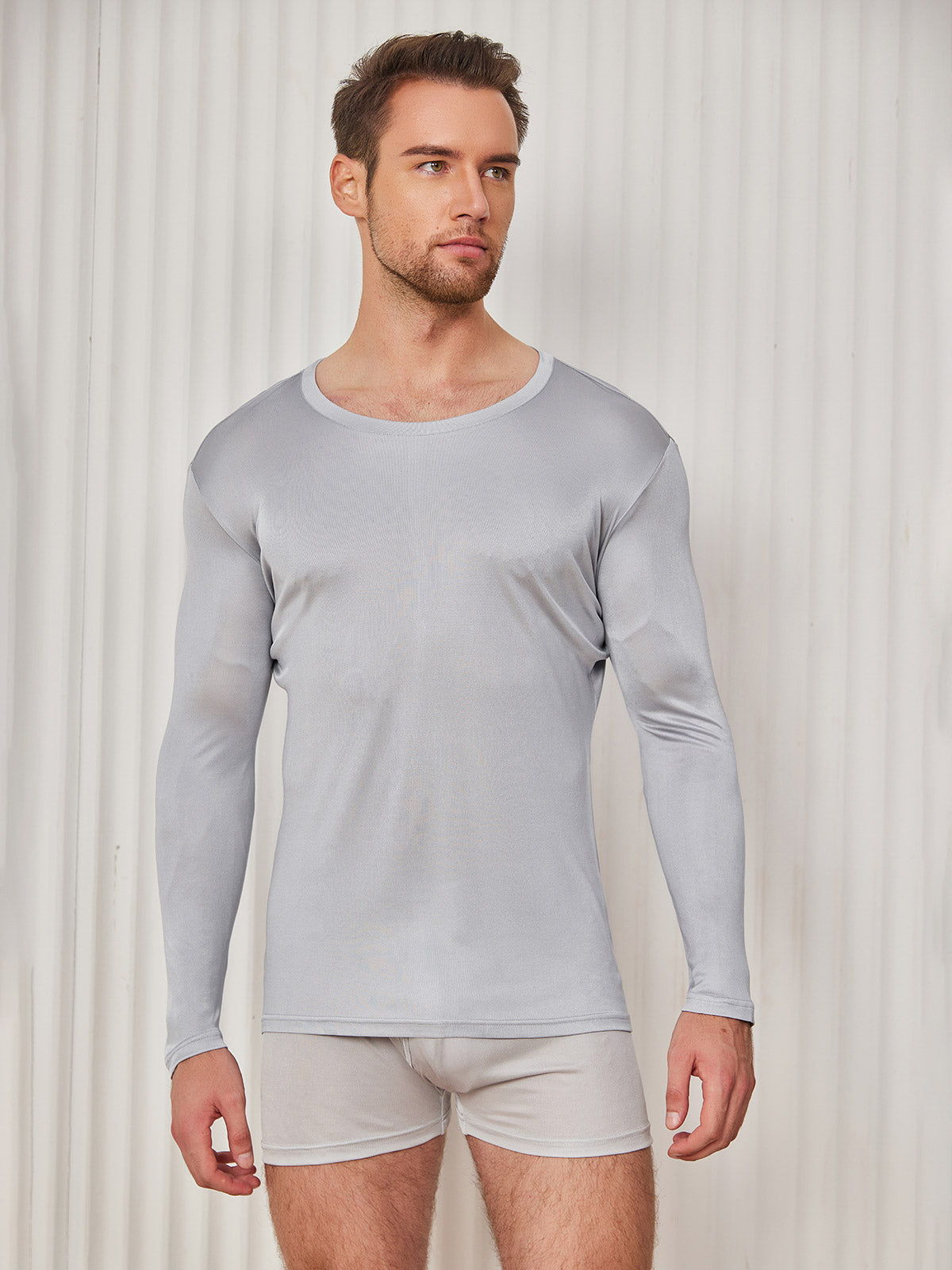 [Lichtgrijs] SilkSilky-NL Zijde Gebreid Ronde Hals Heren T-Shirt 004