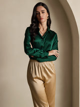[Donkergroen] SilkSilky-NL 19Momme Lange Mouw Reverskraag Dames Blouse 007