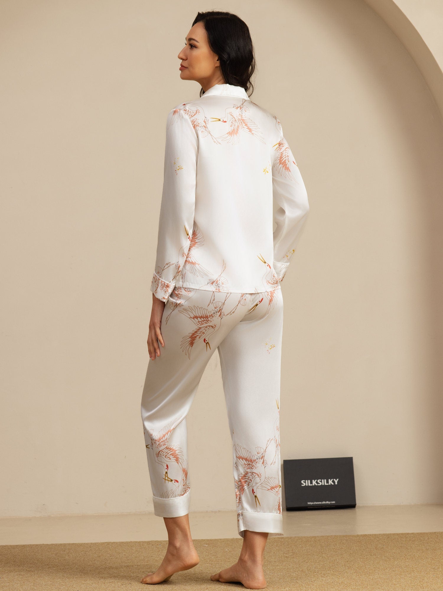 [Wit] SilkSilky-NL 19Momme Lange Mouw Notchkraag Dames Pyjama Set 002