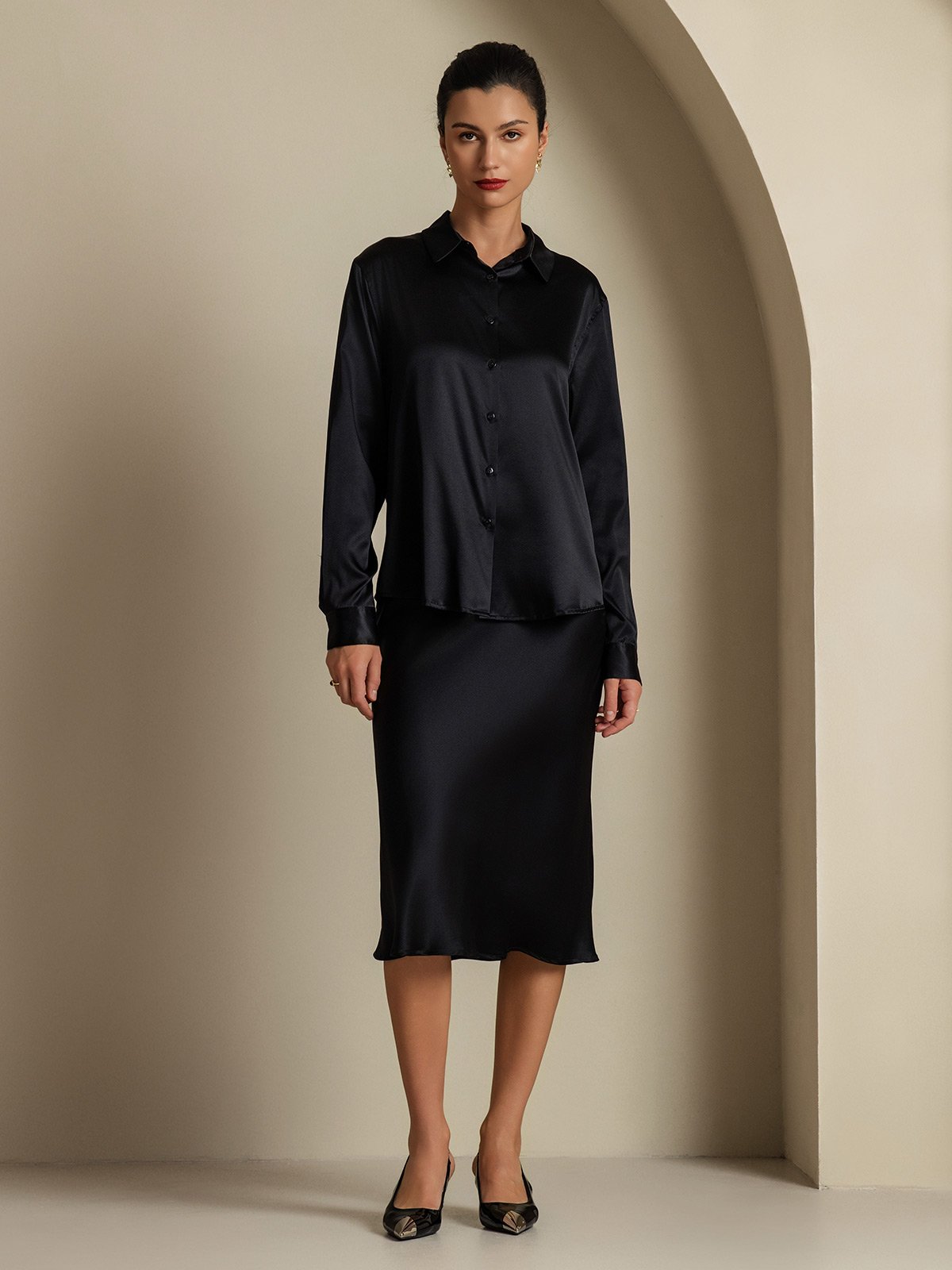[Zwart] SilkSilky-NL 19Momme Zijde Kraag Women''s Outfit Sets 004,