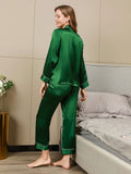 SilkSilky-NL Lange Mouw Revers Dames Pyjama Set Groen 006