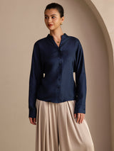 [Donkerblauw] SilkSilky-NL Long Sleeve Split Blouse 004