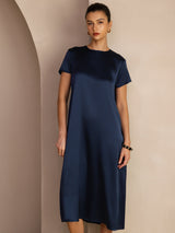[Donkerblauw] SilkSilky-NL Short Sleeve Round Neck Jurk 005