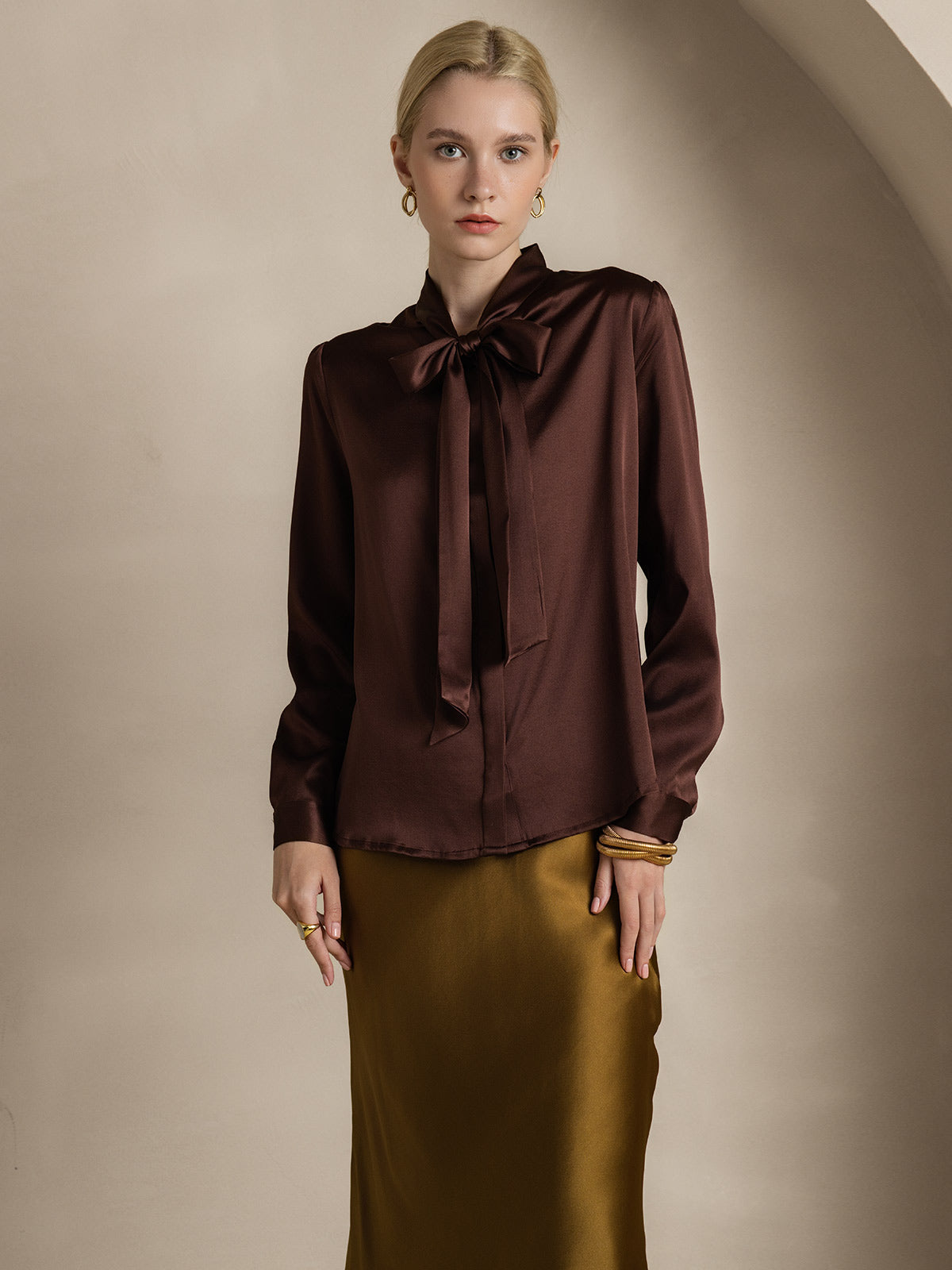 [Koffie] SilkSilky-NL 19Momme Zijde Lange Mouw Binda Hals Dames Blouse 005