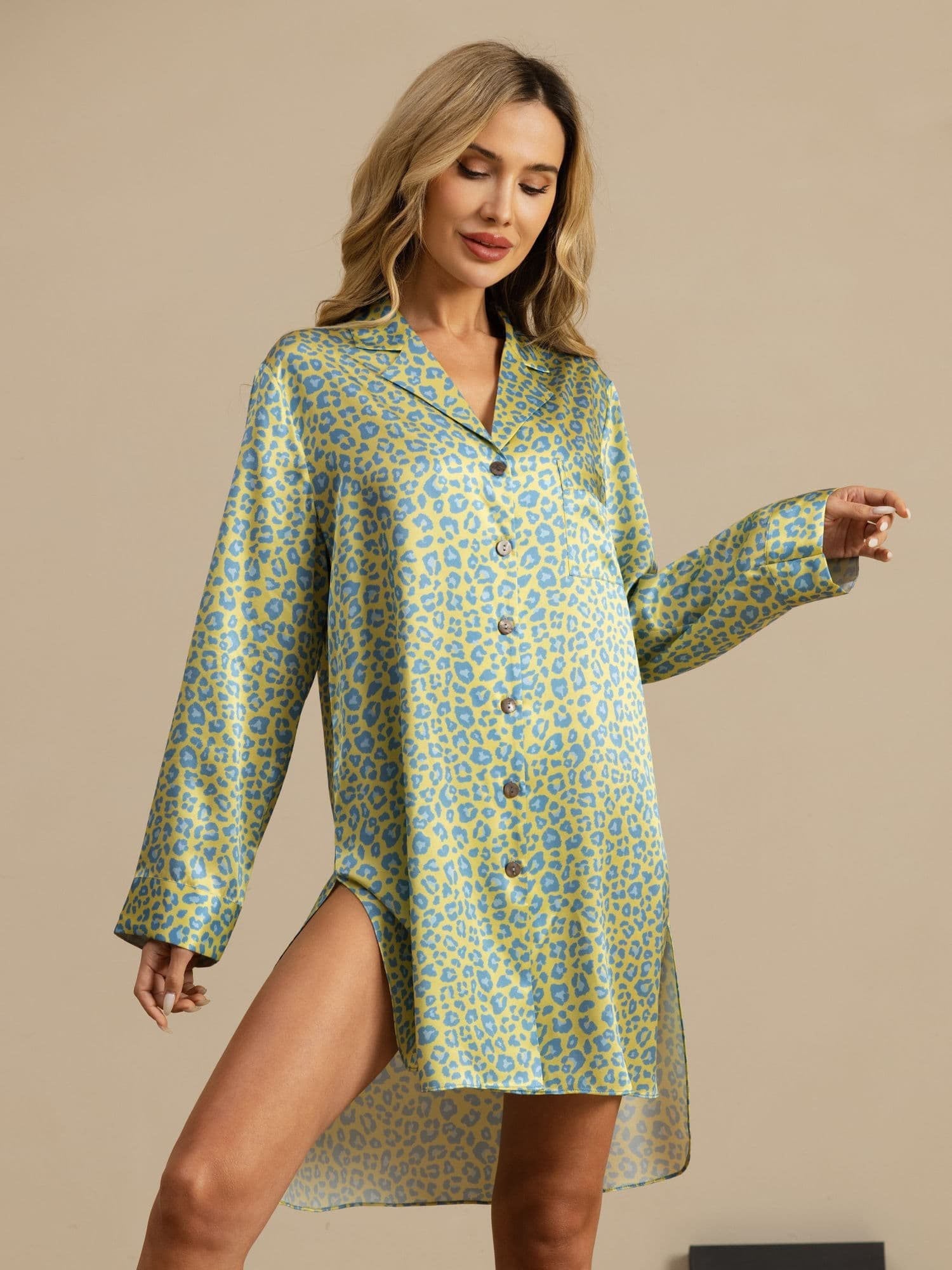 [Groene Luipaard] SilkSilky-NL 19Momme Lange Mouw Slaap Hemd 004