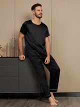 [Zwart] SilkSilky-NL Pure Silk Korte Mouw Ronde Hals Heren Pyjama Set 005