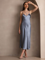 [Grijsachtig Blauw] SilkSilky-NL Spaghetti Bandjes V Hals Jurk 005
