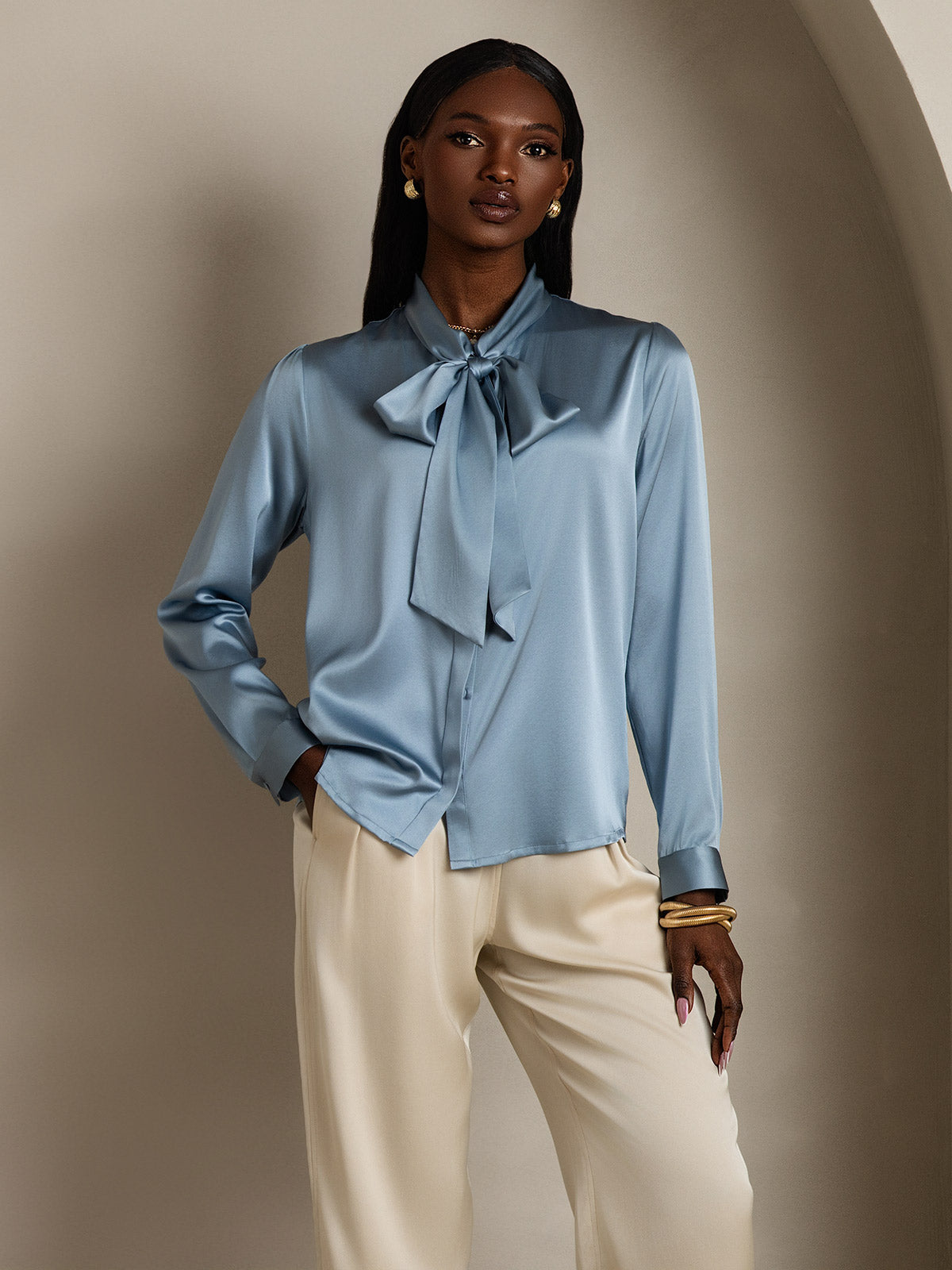 [Grijsachtig Blauw] SilkSilky-NL 19Momme Zijde Lange Mouw Binda Hals Dames Blouse 005