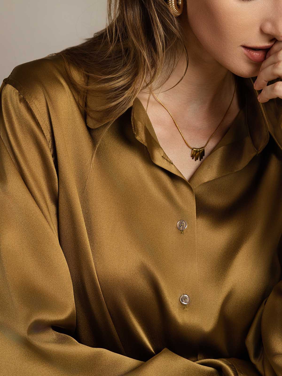 [Brons] SilkSilky-NL Zijde Kraag Dames Blouse 005