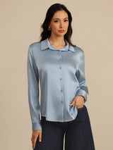 [Grijsachtig Blauw] SilkSilky-NL Long Sleeve Lapel Collar Dames Blouse 009