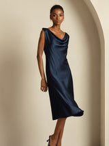 [Donkerblauw] SilkSilky-NL Sleeveless Cowl Neck Jurk 007
